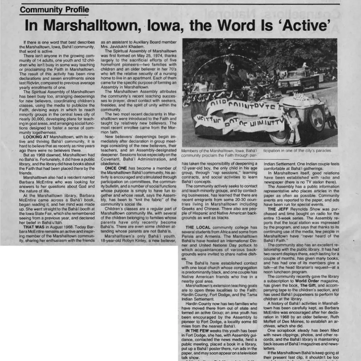 Marshalltown, Iowa Iowa Baha'i History